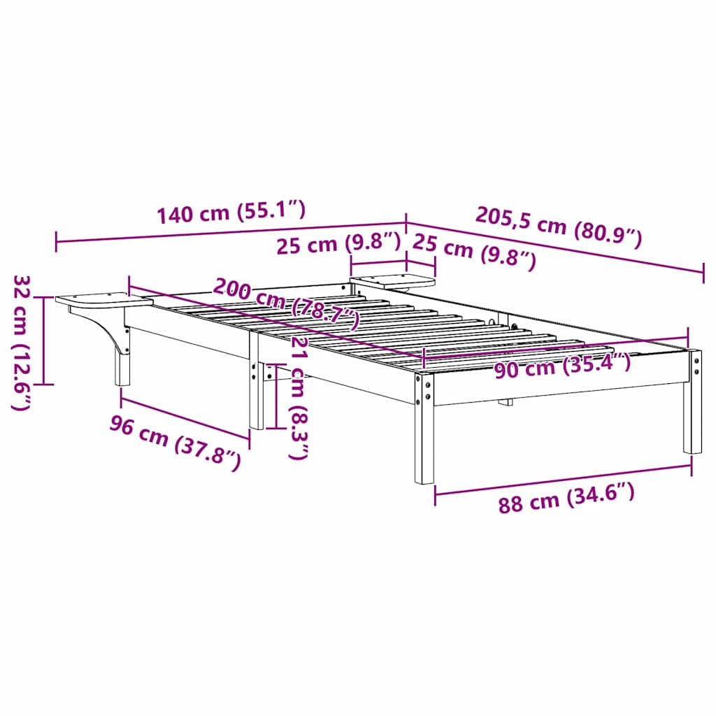 Bed Frame Natural 90 x 200 cm Solid Pine Wood