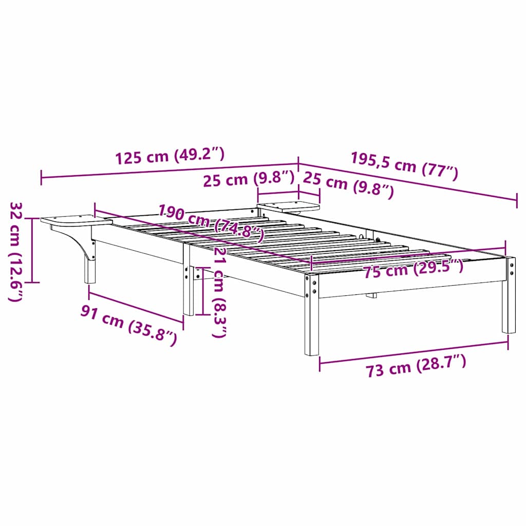 Bed Frame Wax Brown 75 x 190 cm Solid Pine Wood