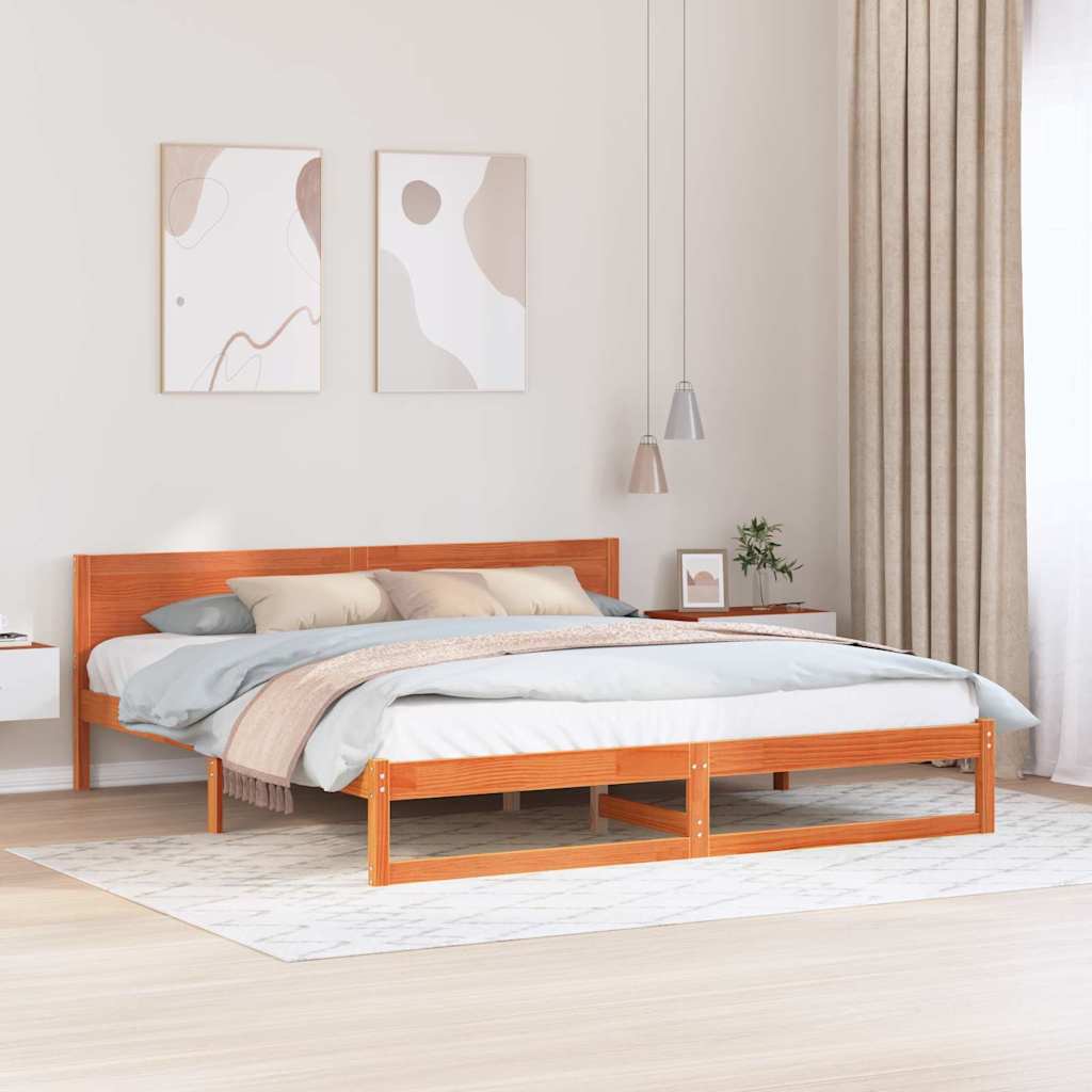 Bed Frame with Headboard Wax Brown 200 x 200 cm Solid Pine Wood