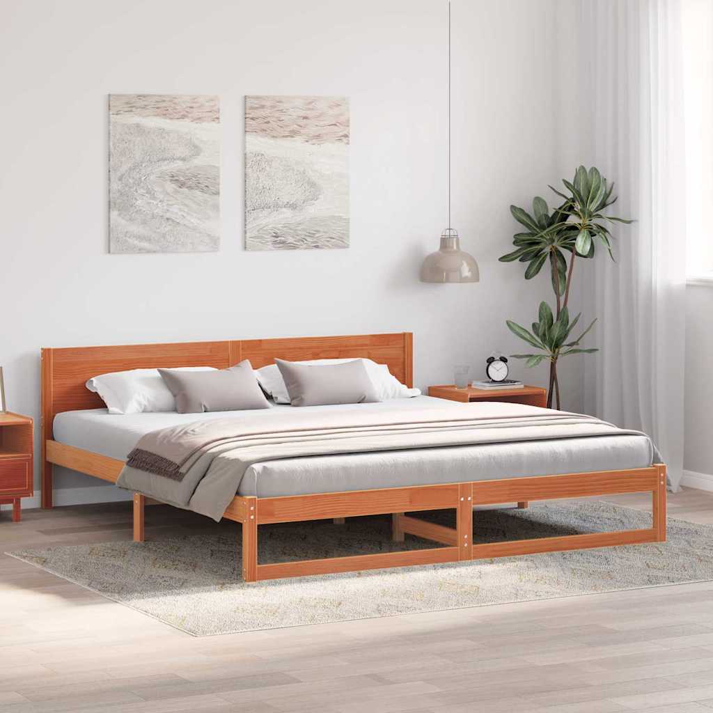 Bed Frame with Headboard Wax Brown 200 x 200 cm Solid Pine Wood