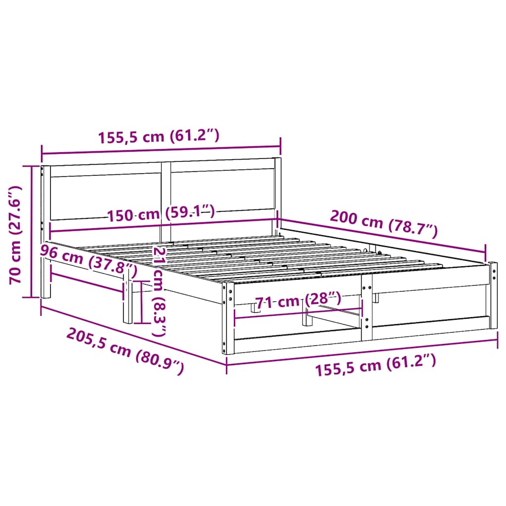 Bed Frame with Headboard White 150 x 200 cm Solid Pine Wood