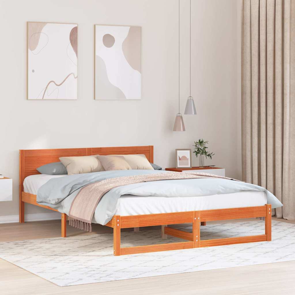 Bed Frame with Headboard Wax Brown 140 x 200 cm Solid Pine Wood