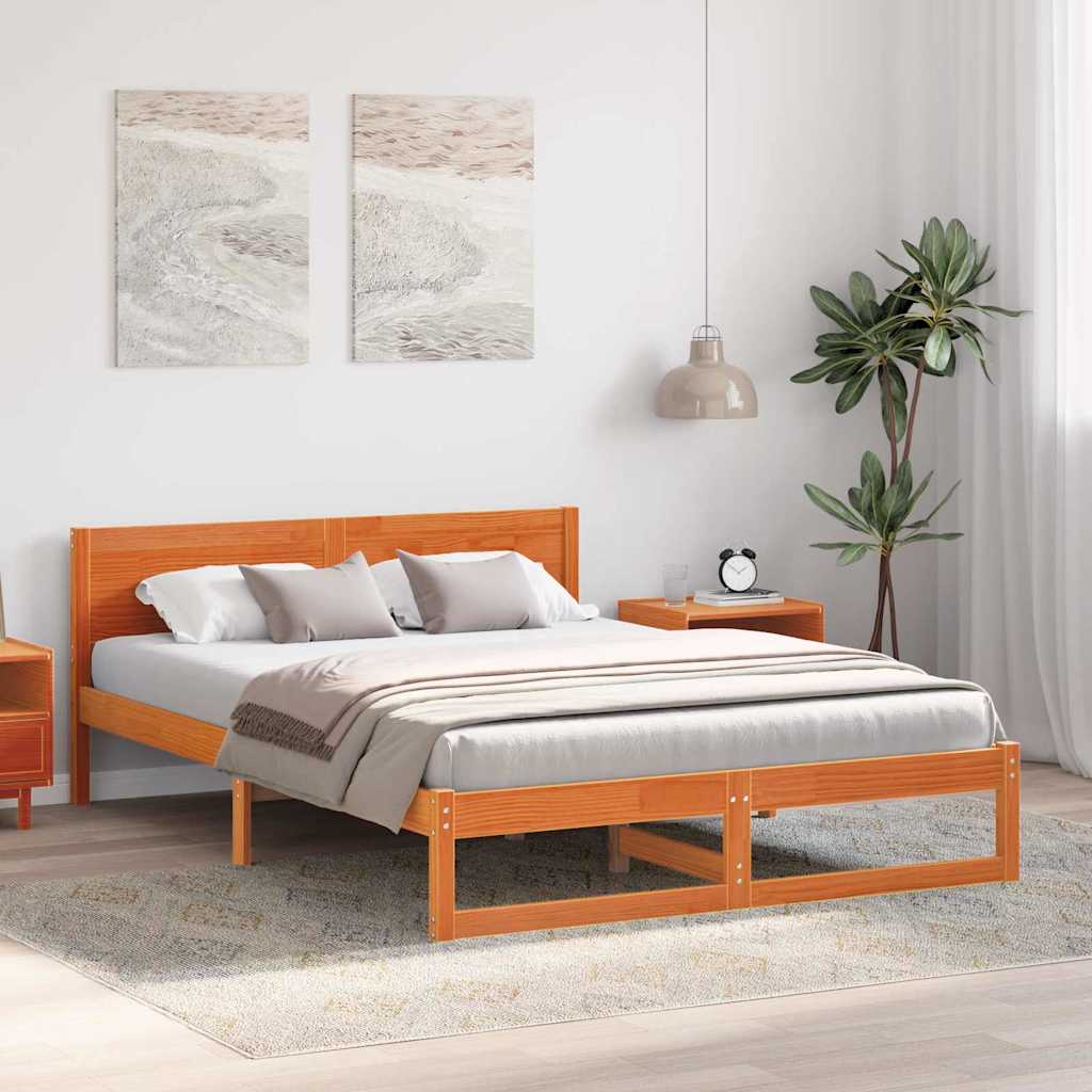 Bed Frame with Headboard Wax Brown 140 x 200 cm Solid Pine Wood