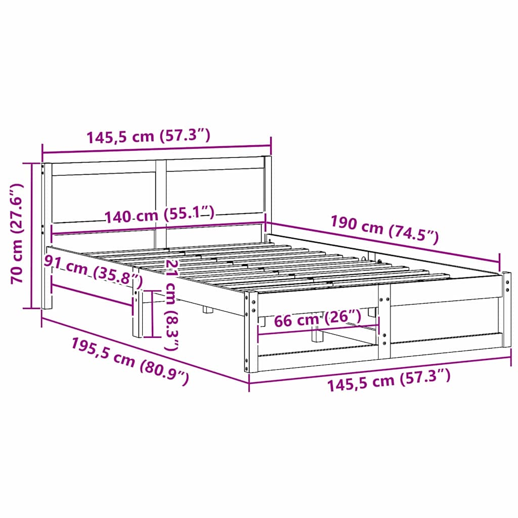Bed Frame with Headboard Wax Brown 140 x 190 cm Solid Pine Wood