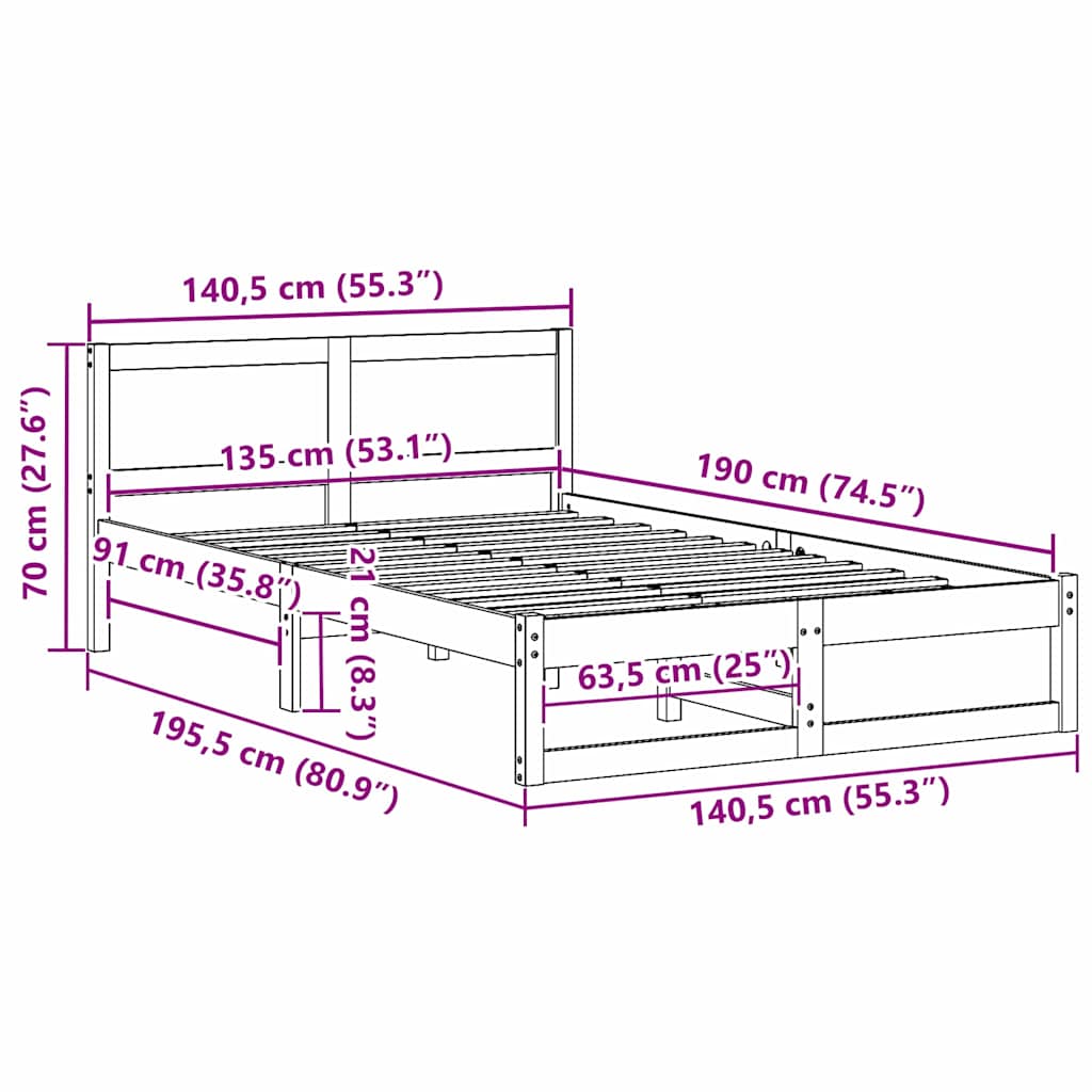 Bed Frame with Headboard Natural 135 x 190 cm Solid Pine Wood