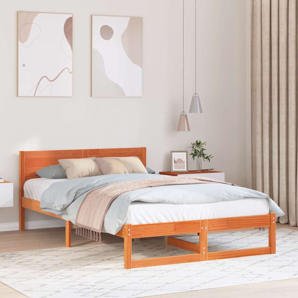 Bed Frame with Headboard Wax Brown 135 x 190 cm Solid Pine Wood