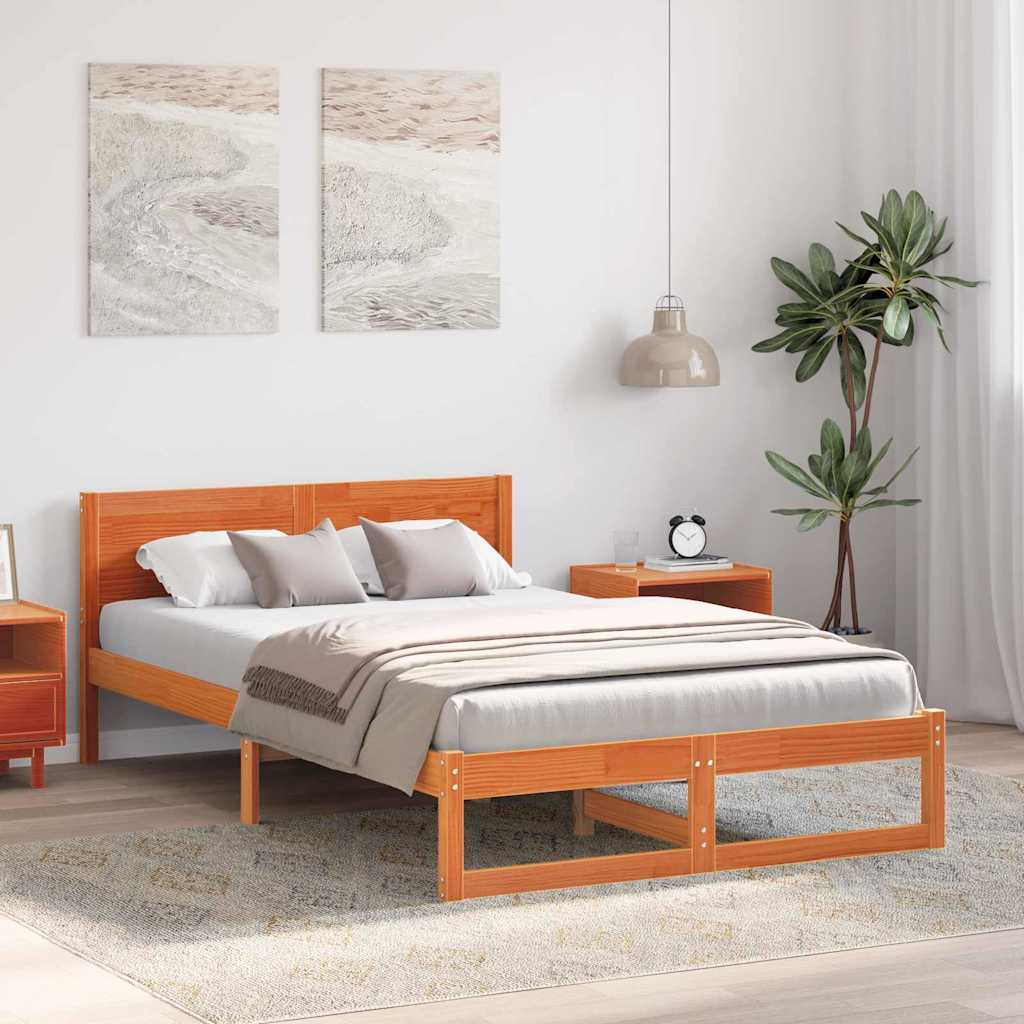 Bed Frame with Headboard Wax Brown 135 x 190 cm Solid Pine Wood