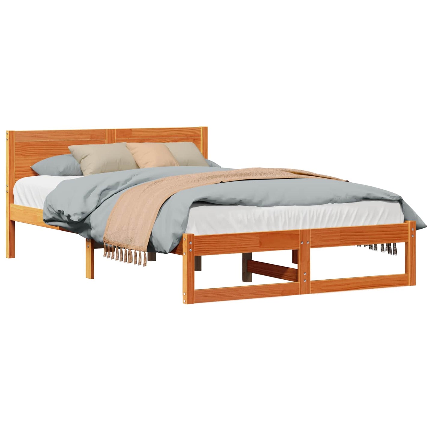Bed Frame with Headboard Wax Brown 135 x 190 cm Solid Pine Wood