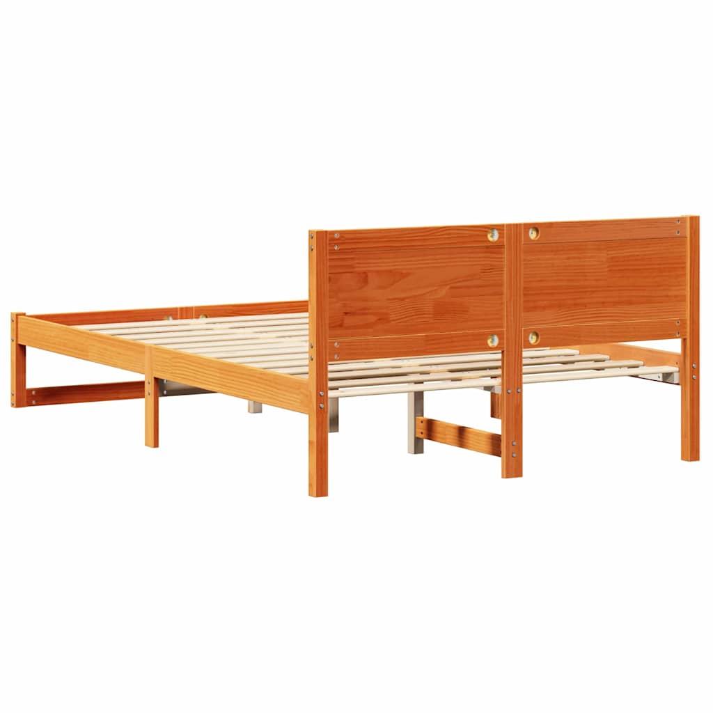 Bed Frame with Headboard Wax Brown 135 x 190 cm Solid Pine Wood