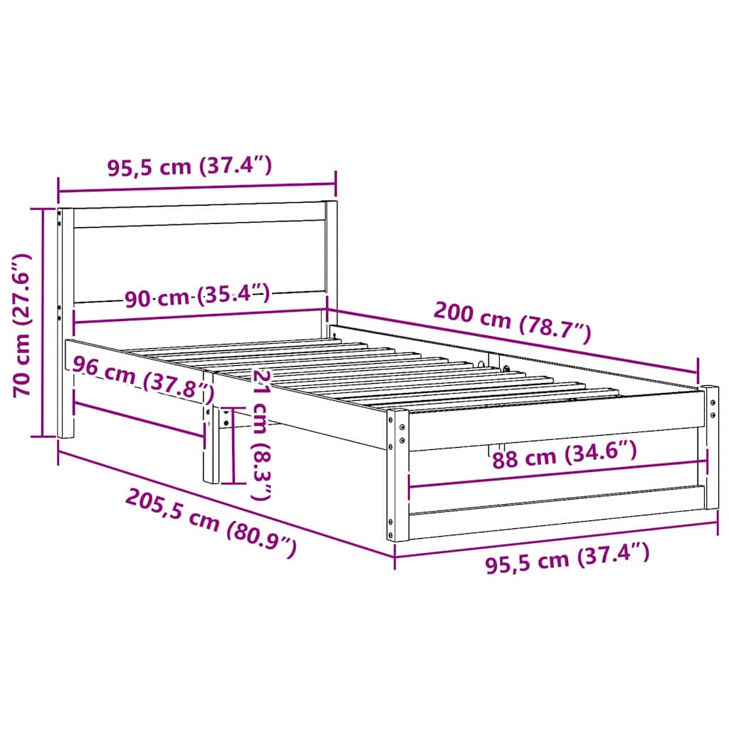 Bed Frame with Headboard Natural 90 x 200 cm Solid Pine Wood
