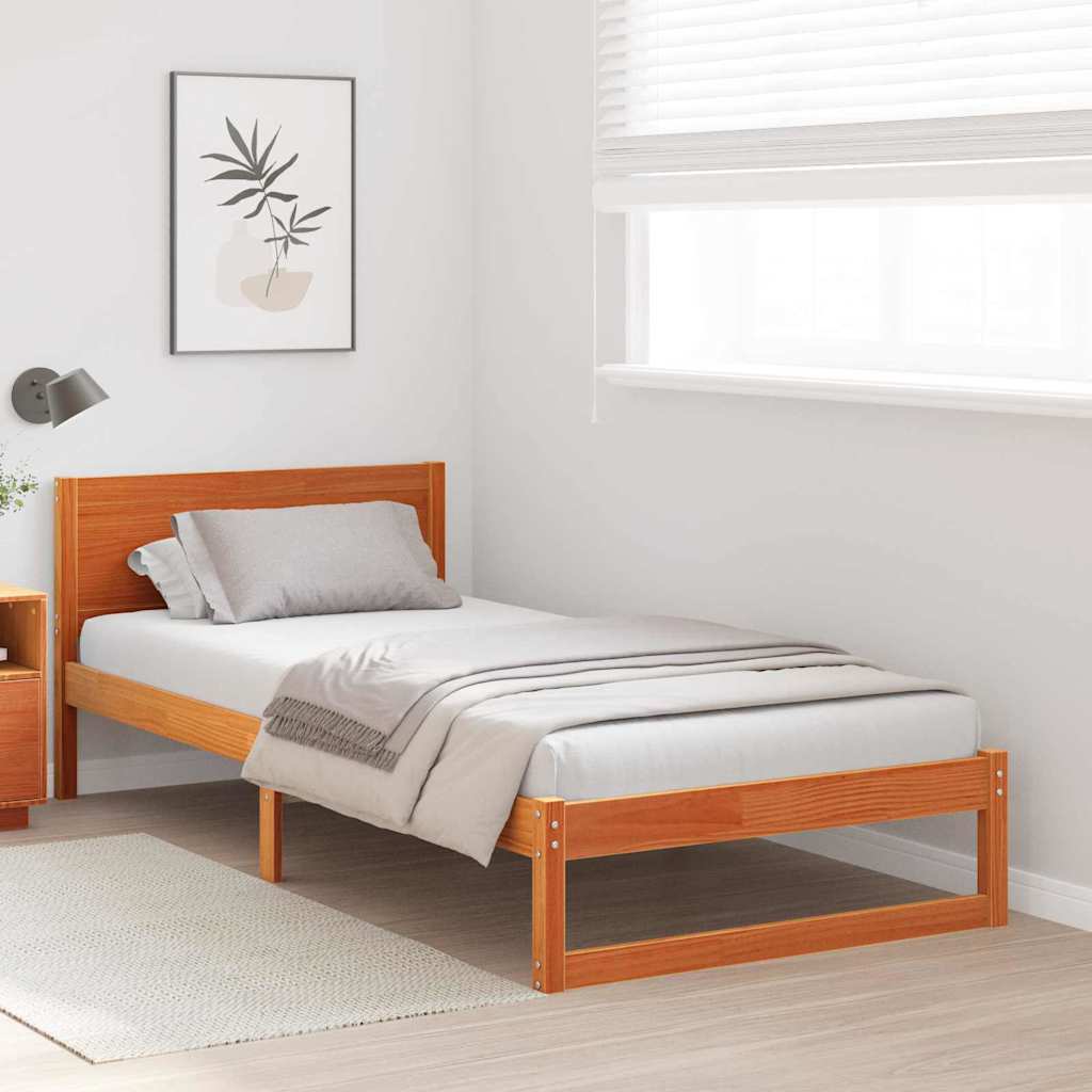 Bed Frame with Headboard Wax Brown 90 x 200 cm Solid Pine Wood
