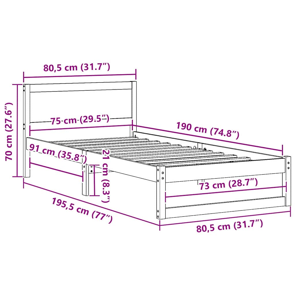 Bed Frame with Headboard Natural 75 x 190 cm Solid Pine Wood