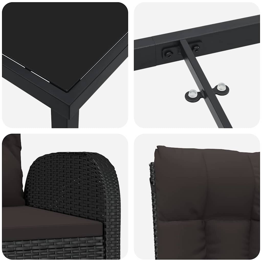 Garden Dining Set with Cushion 3 pcs Black Poly Rattan