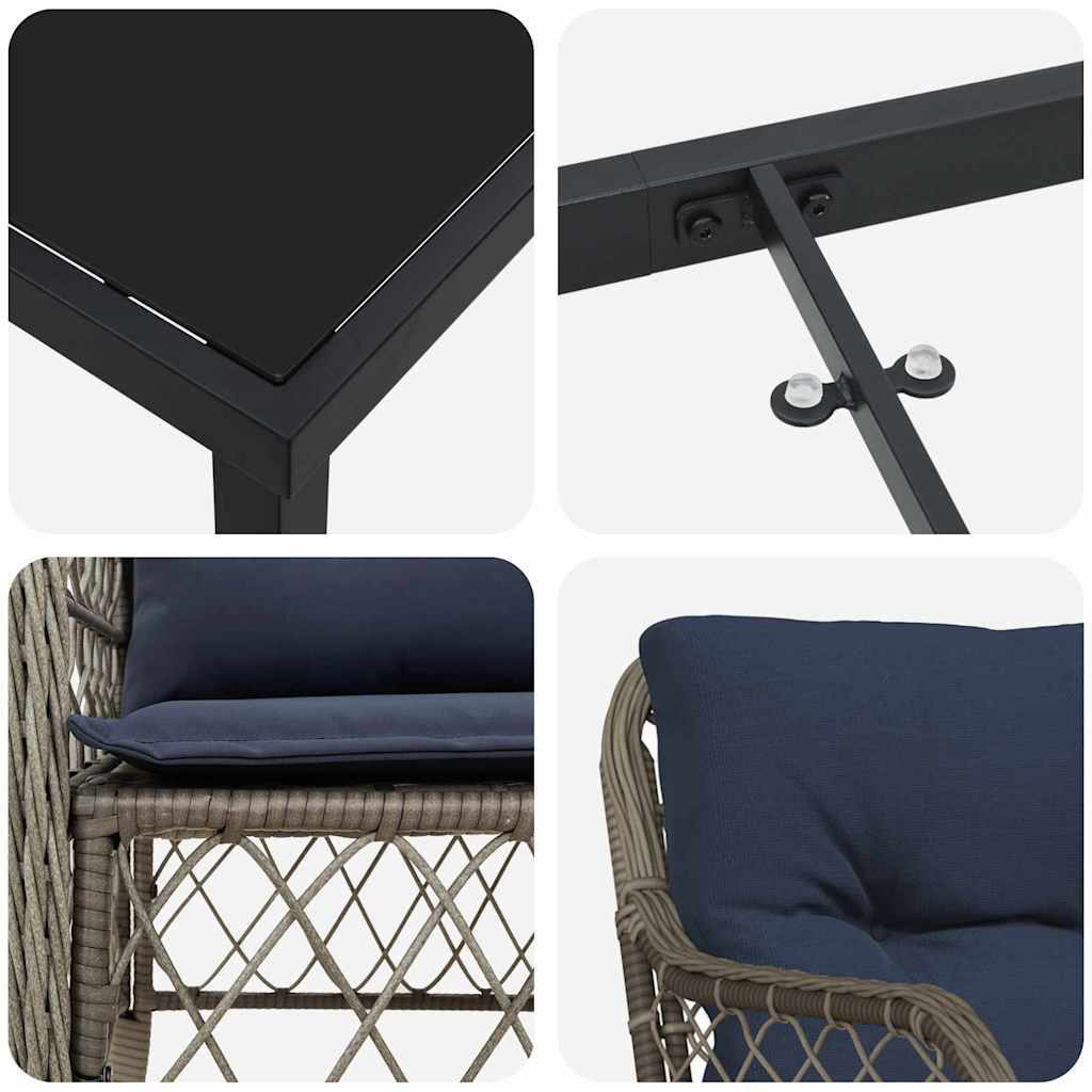 Garden Dining Set with Cushion 3 pcs Grey and Black Rattan