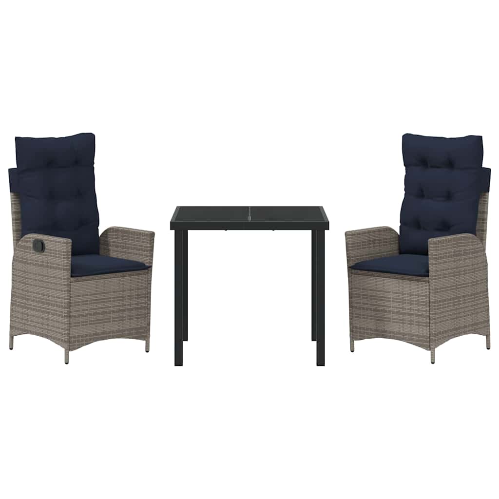 Garden Dining Set with Cushion 3 pcs Grey and Black Rattan