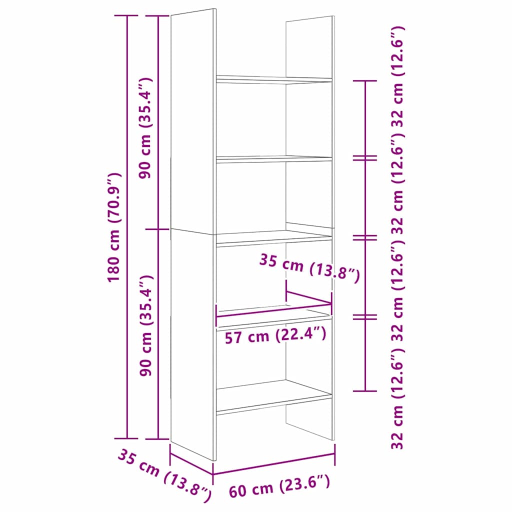 Book Cabinet 5-Tier 60 x 35 x 180 cm Engineered Wood