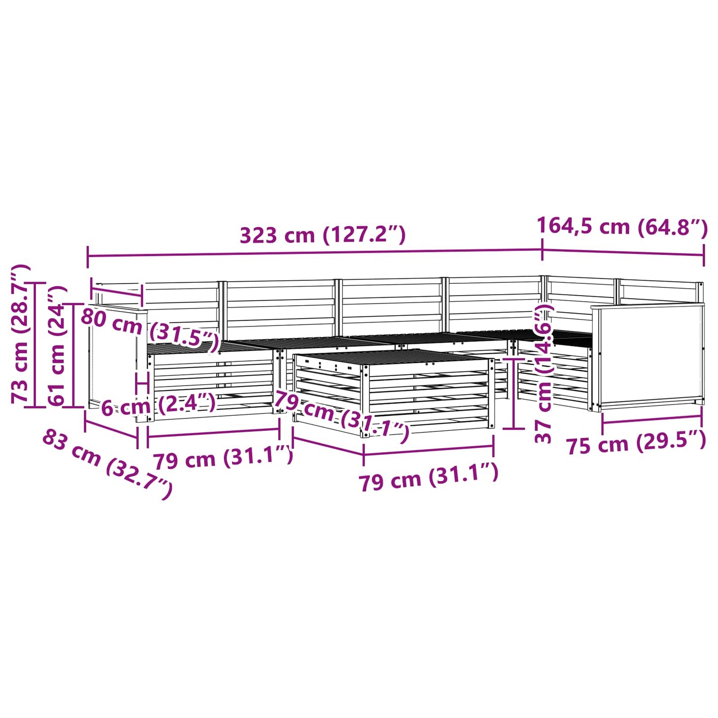 Outdoor Sofa Set 6 pcs Natural 79 x 79 x 37 cm
