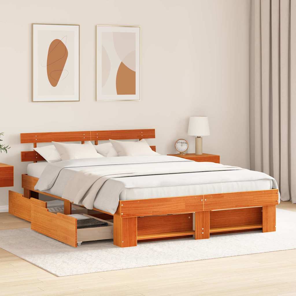 Bed Frame with Headboard Wax Brown 150 x 200 cm Solid Pine Wood