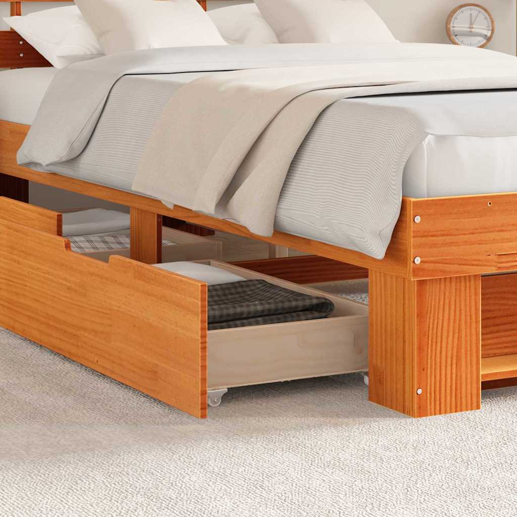 Bed Frame with Headboard Wax Brown 135 x 190 cm Solid Pine Wood