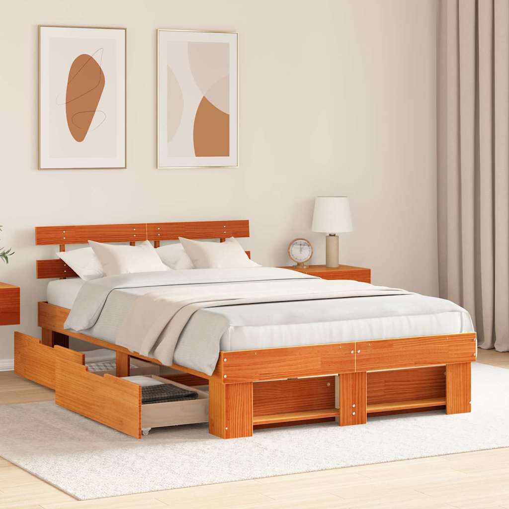Bed Frame with Headboard Wax Brown 135 x 190 cm Solid Pine Wood