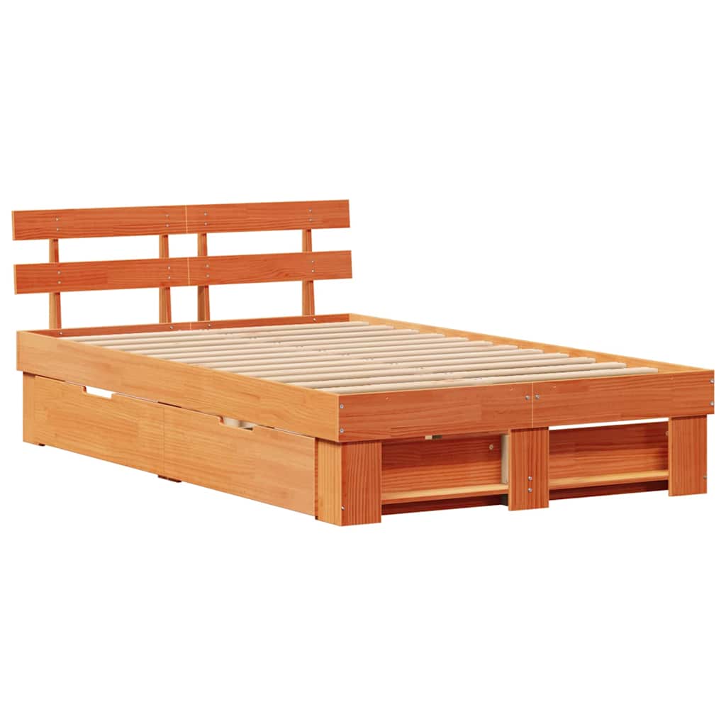 Bed Frame with Headboard Wax Brown 135 x 190 cm Solid Pine Wood