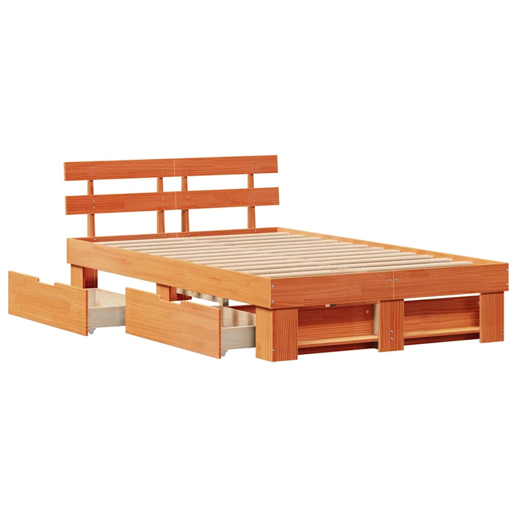 Bed Frame with Headboard Wax Brown 135 x 190 cm Solid Pine Wood