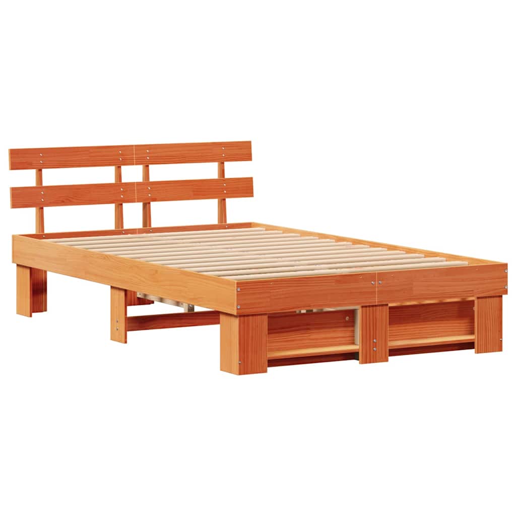 Bed Frame with Headboard Wax Brown 135 x 190 cm Solid Pine Wood