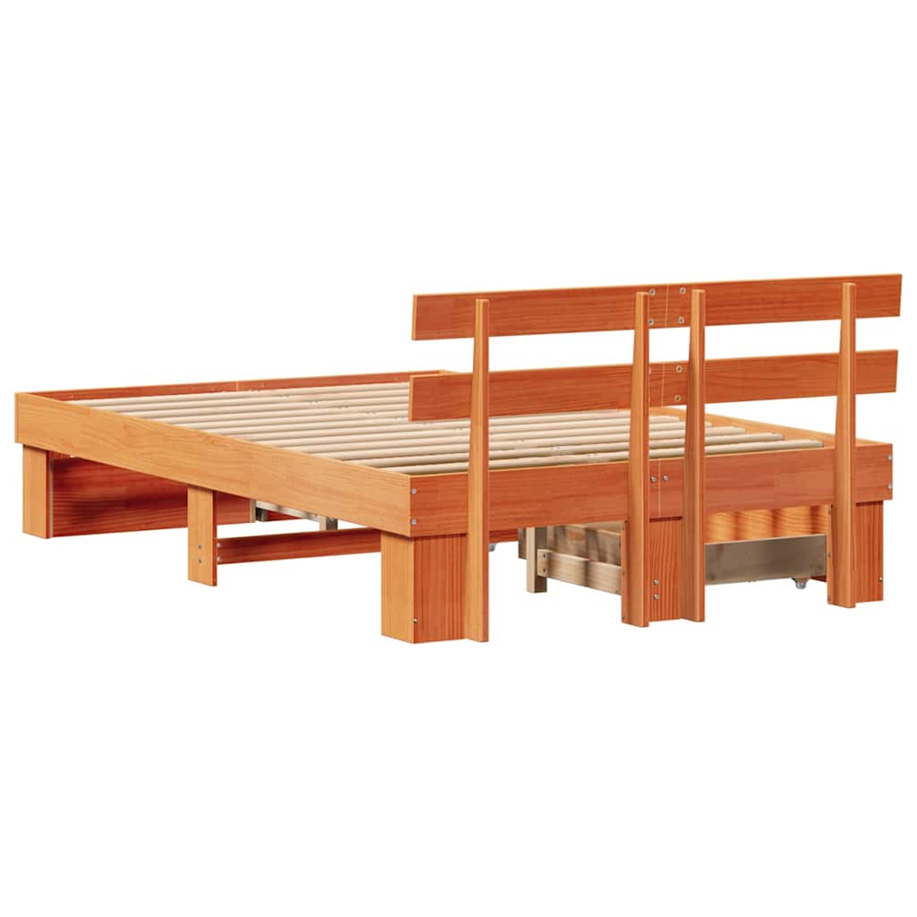 Bed Frame with Headboard Wax Brown 135 x 190 cm Solid Pine Wood