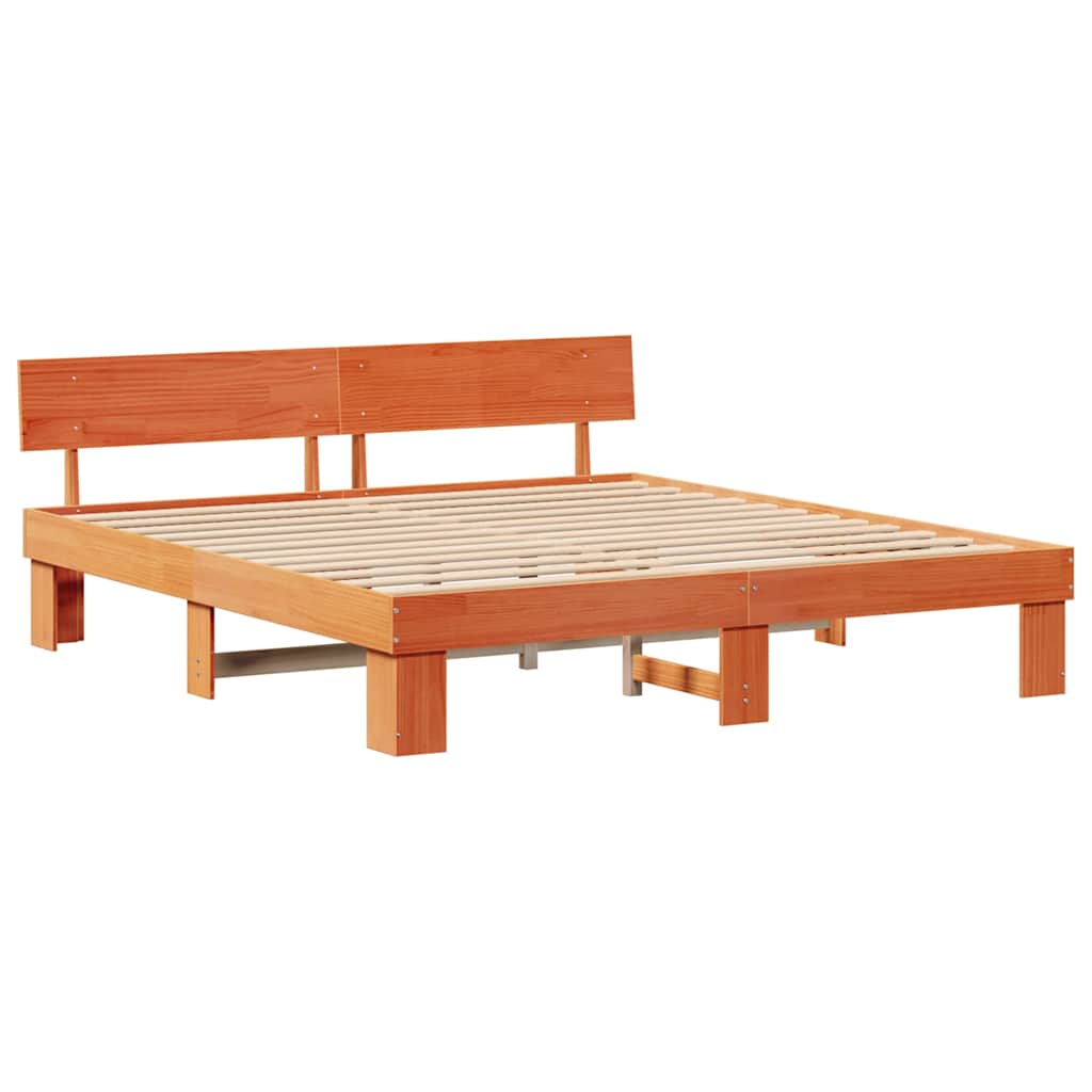 Bed Frame with Headboard Wax Brown 200 x 200 cm Solid Pine Wood
