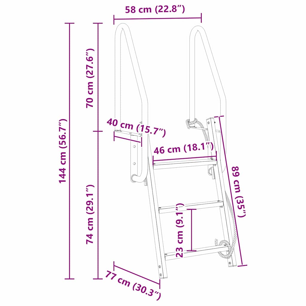 vidaXL Dock Ladder 3-Steps Silver 58 x 77 x 144 cm Aluminium