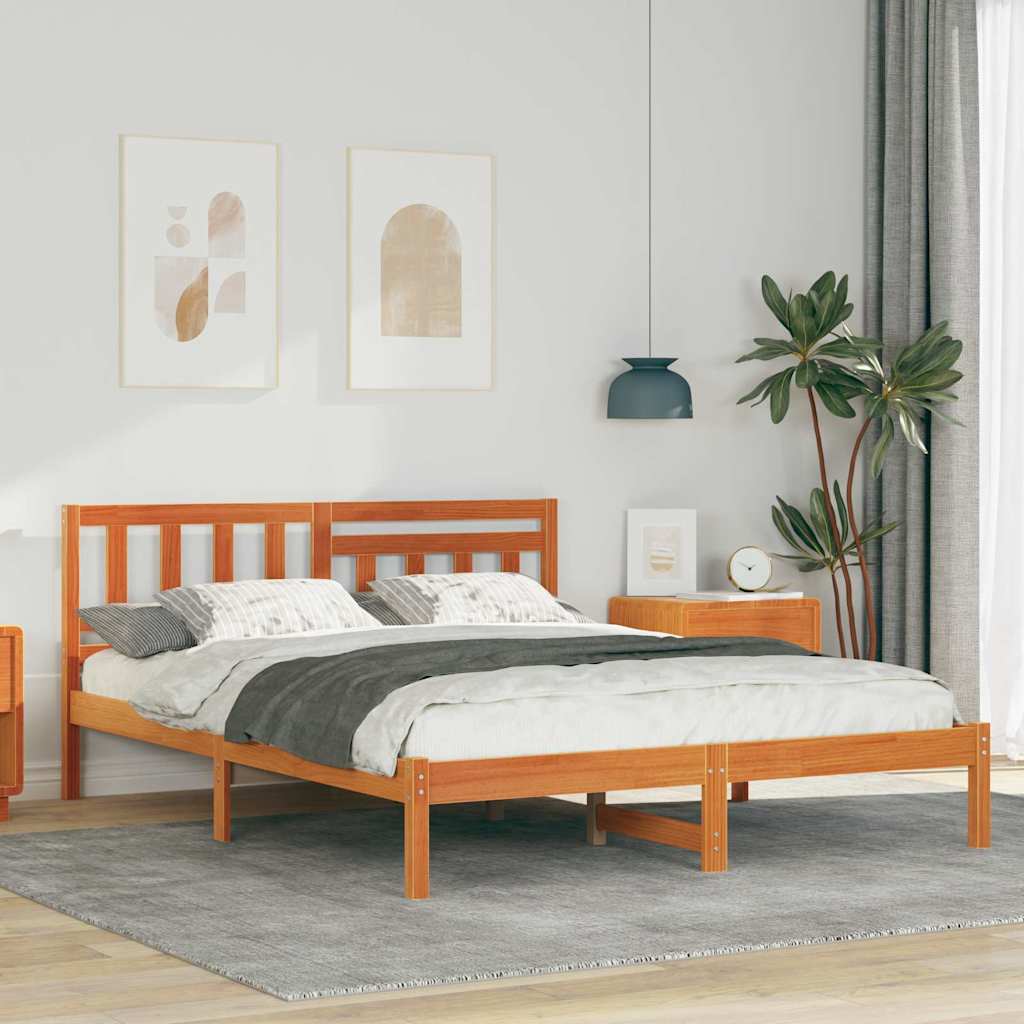 Bed Frame with Headboard Wax Brown 150 x 200 cm Solid Pine Wood