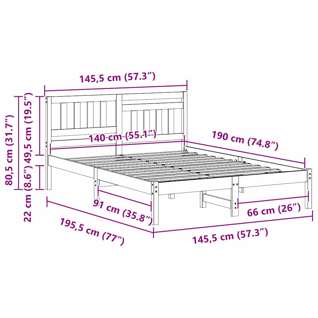 Bed Frame with Headboard White 140 x 190 cm Solid Pine Wood