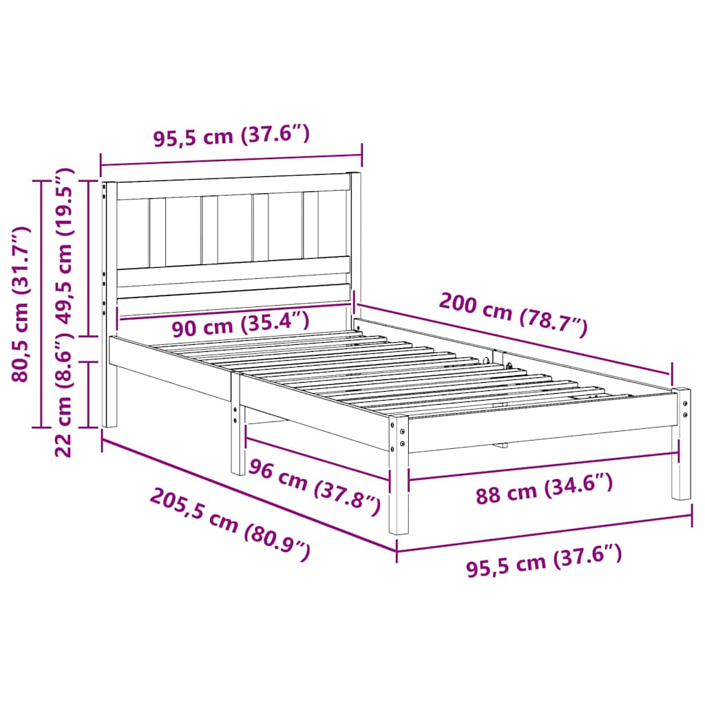 Bed Frame with Headboard Wax Brown 90 x 200 cm Solid Pine Wood