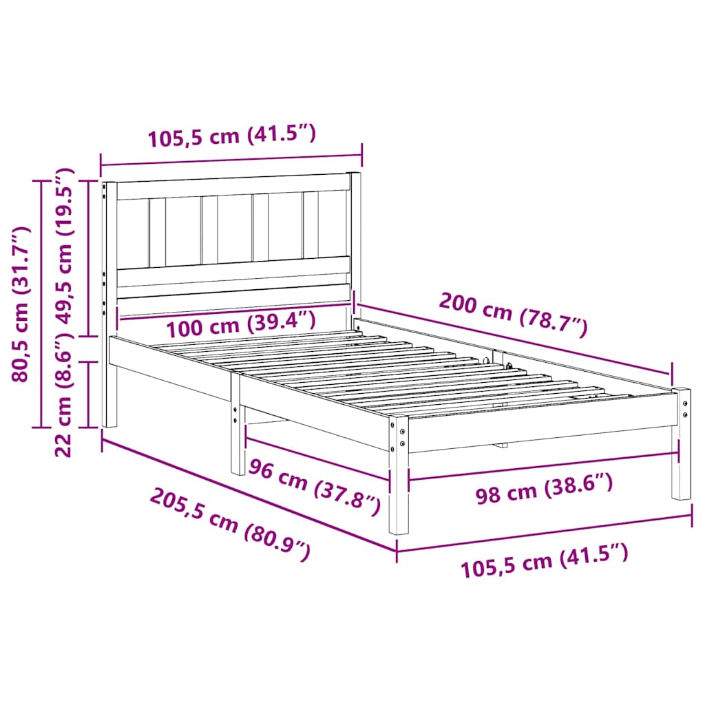 Bed Frame with Headboard Wax Brown 100 x 200 cm Solid Pine Wood