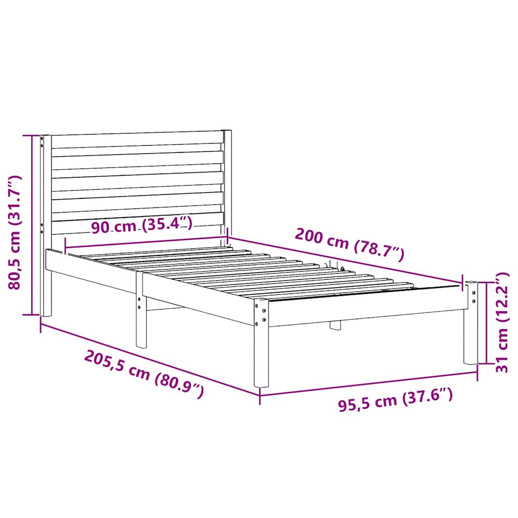 Bed Frame with Headboard White 90 x 200 cm Solid Pine Wood