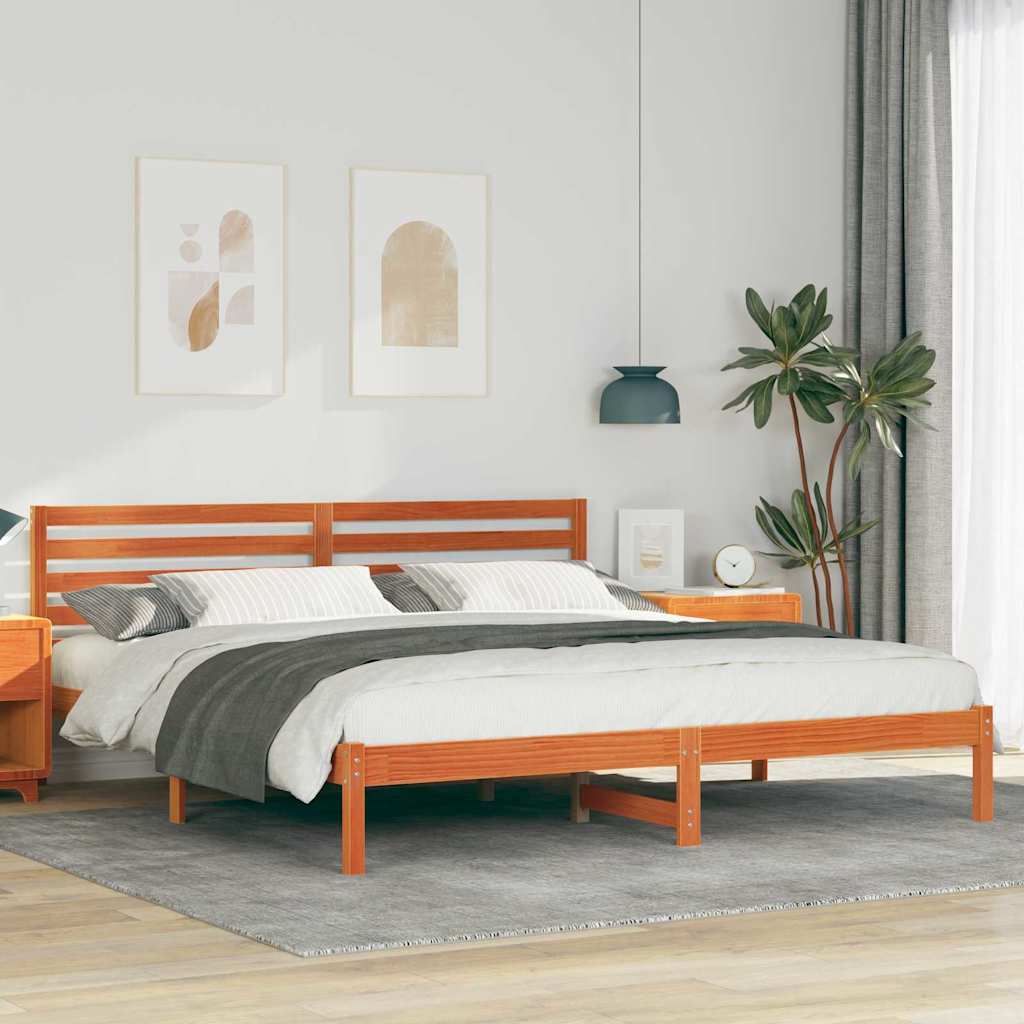 Bed Frame with Headboard Wax Brown 200 x 200 cm Solid Pine Wood
