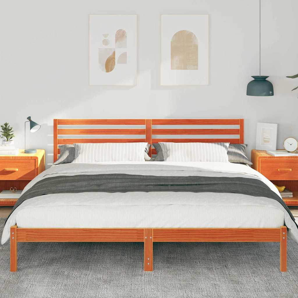Bed Frame with Headboard Wax Brown 200 x 200 cm Solid Pine Wood