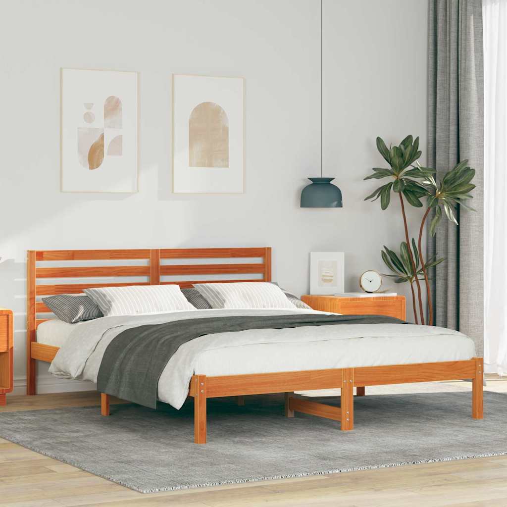Bed Frame with Headboard Wax Brown 150 x 200 cm Solid Pine Wood