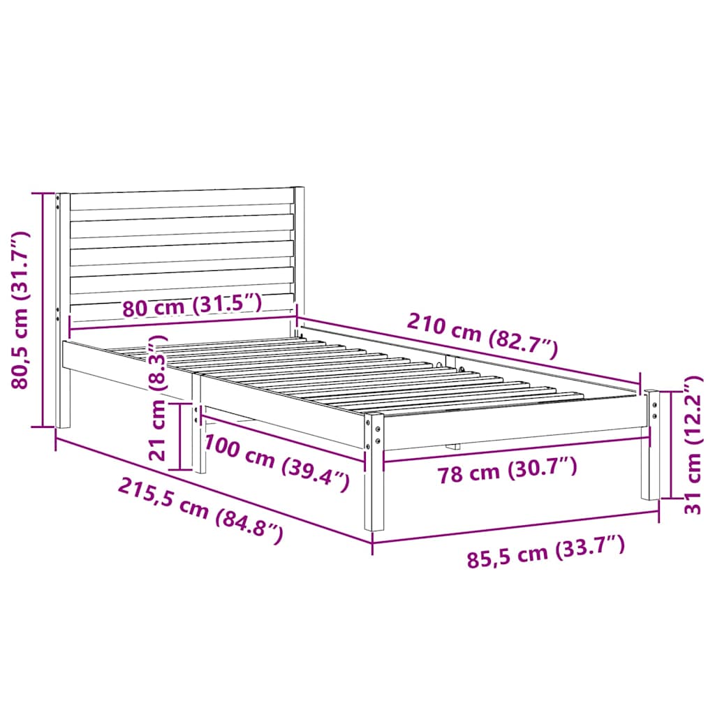 Bed Frame with Headboard White 80 x 210 cm Solid Pine Wood