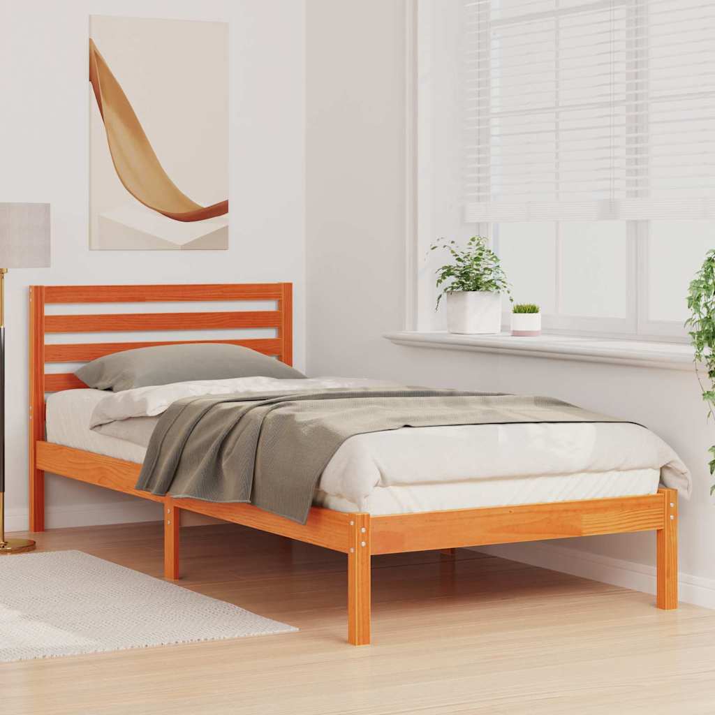Bed Frame with Headboard Wax Brown 100 x 210 cm Solid Pine Wood