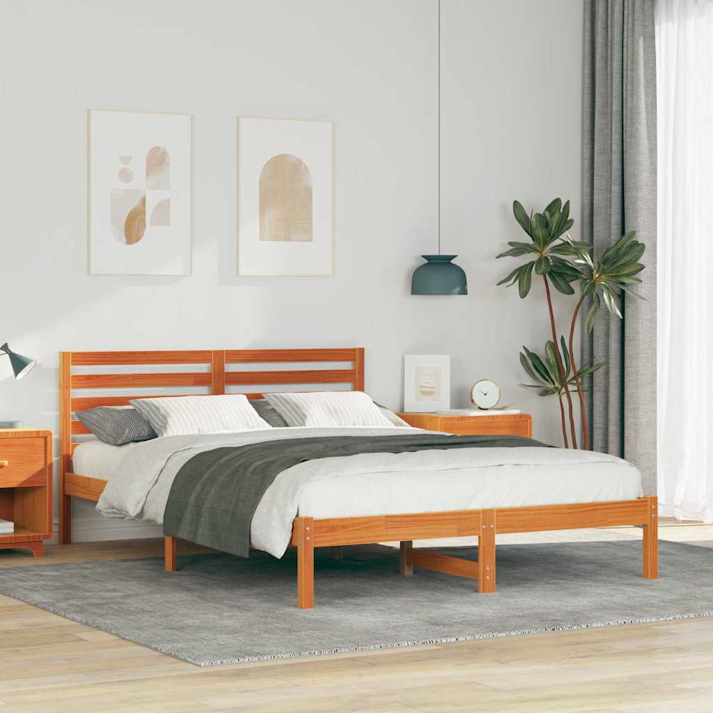 Bed Frame with Headboard Wax Brown 140 x 210 cm Solid Pine Wood