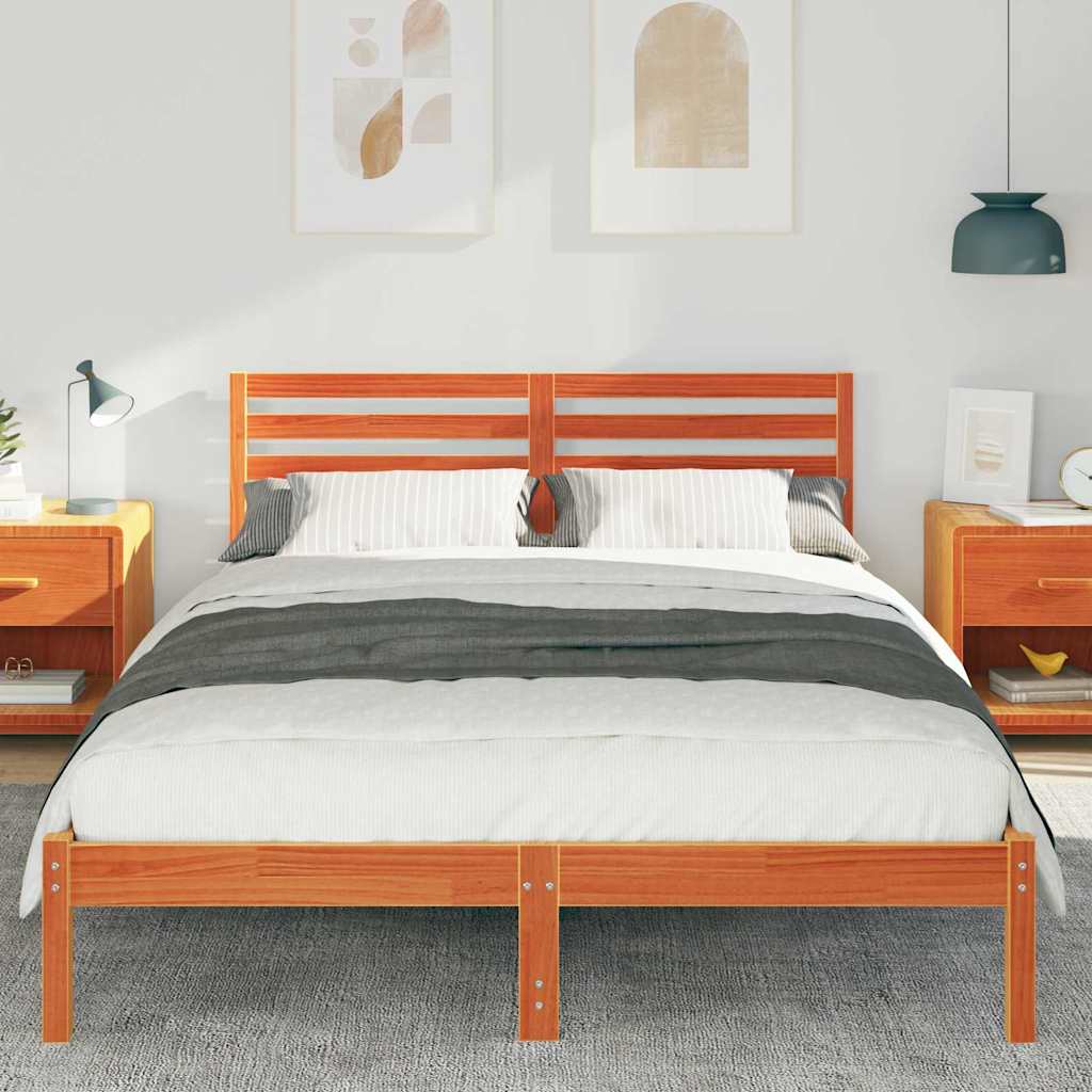 Bed Frame with Headboard Wax Brown 140 x 220 cm Solid Pine Wood