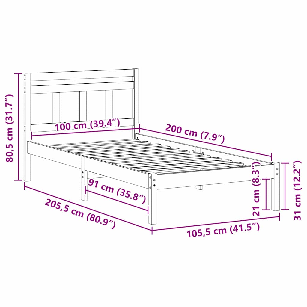 Bed Frame Brown 100 x 200 cm Solid Pine Wood