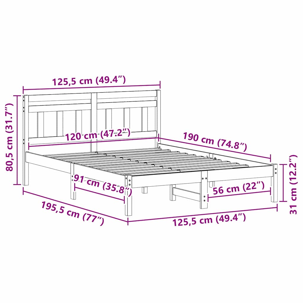 Bed Frame White 120 x 190 cm Solid Pine Wood