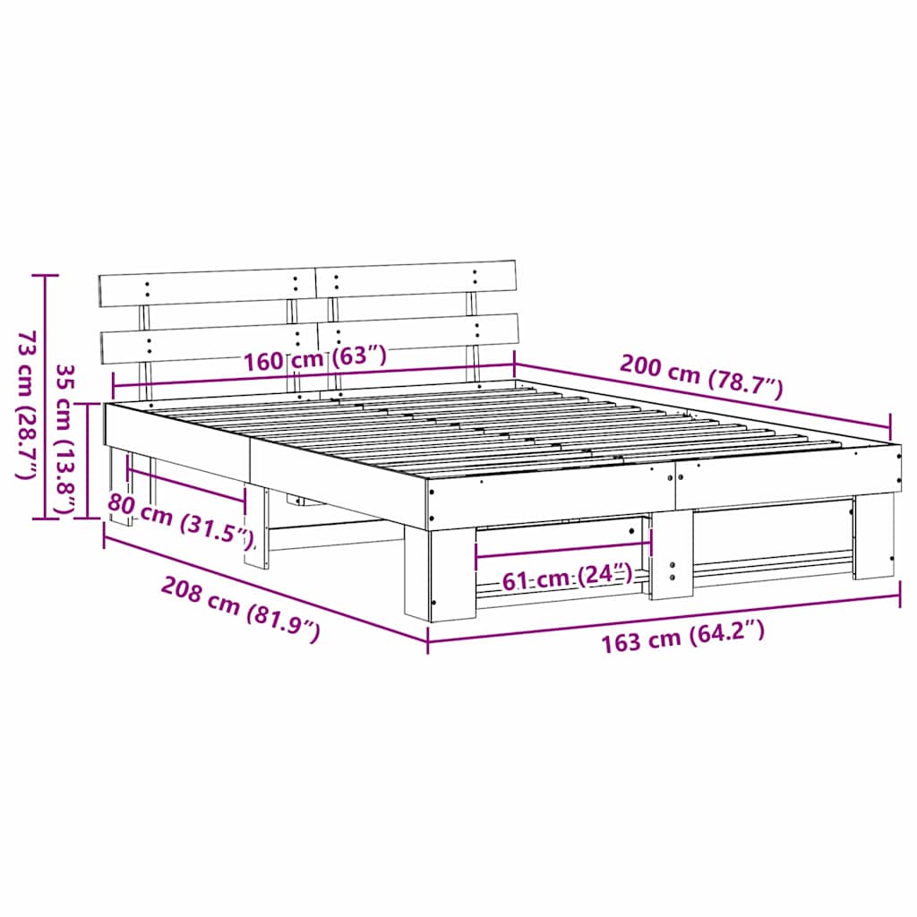 Bed Frame with Headboard Brown 160 x 200 cm Solid Pine Wood