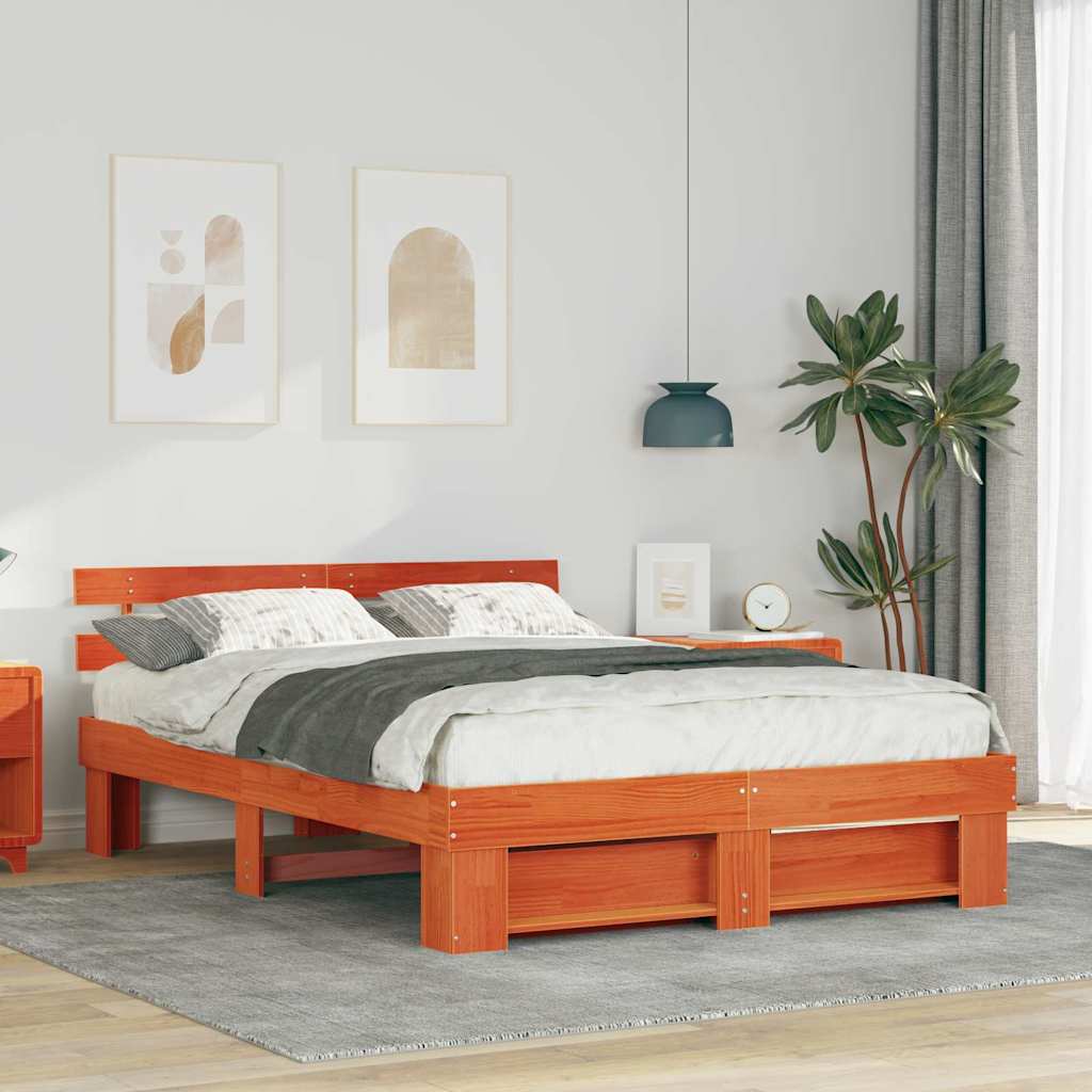 Bed Frame with Headboard Wax Brown 160 x 200 cm Solid Pine Wood