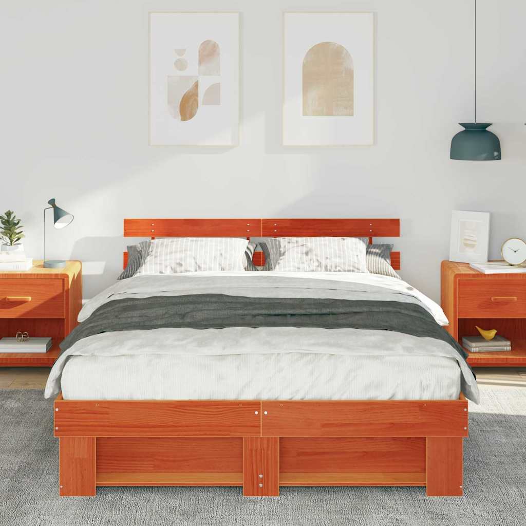 Bed Frame with Headboard Wax Brown 140 x 200 cm Solid Pine Wood