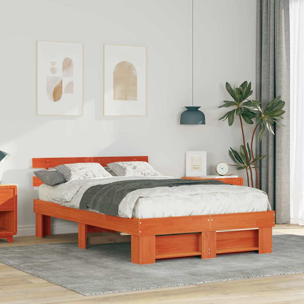 Bed Frame with Headboard Wax Brown 140 x 190 cm Solid Pine Wood