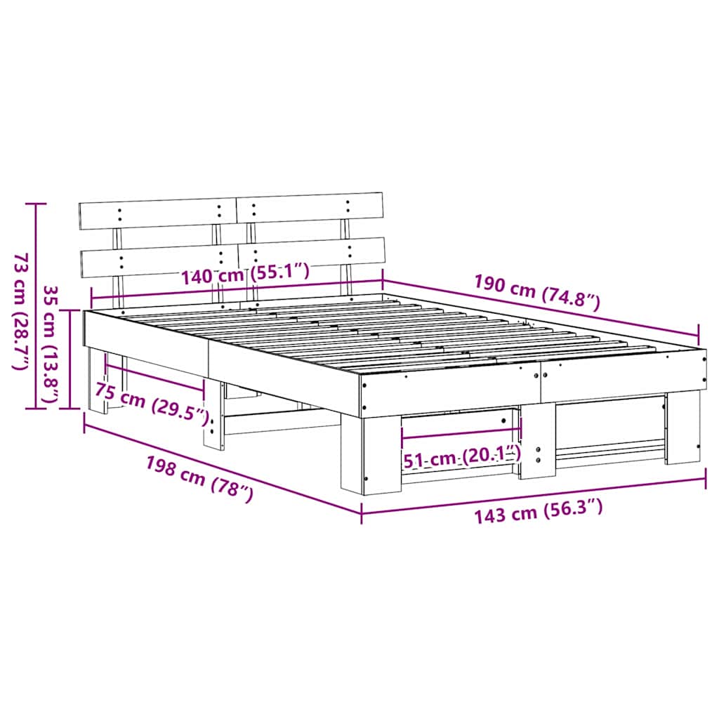 Bed Frame with Headboard Wax Brown 140 x 190 cm Solid Pine Wood
