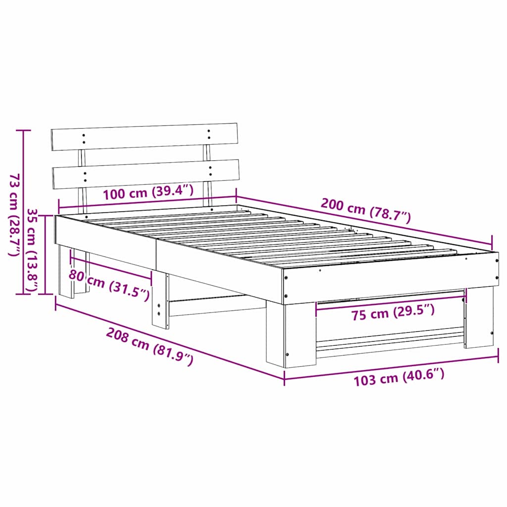 Bed Frame with Headboard Brown 100 x 200 cm Solid Pine Wood